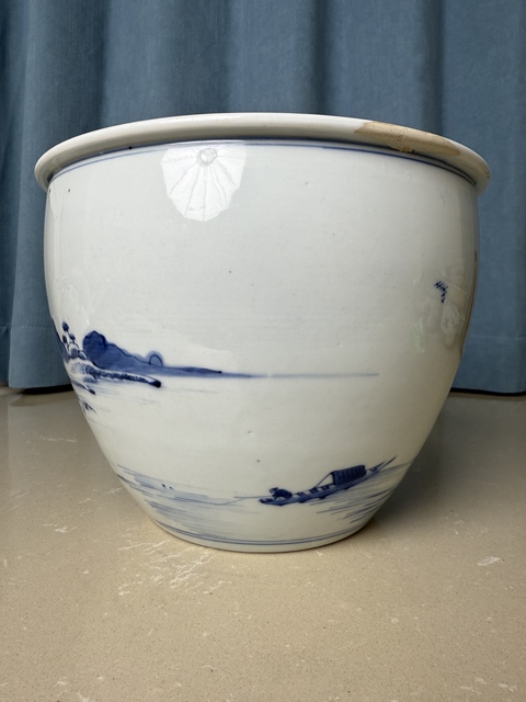 古玩陶瓷清康熙 青花山水人物紋案缸真品鑒賞圖