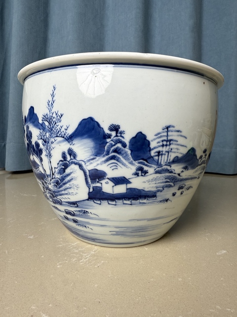 古玩陶瓷清康熙 青花山水人物紋案缸真品鑒賞圖