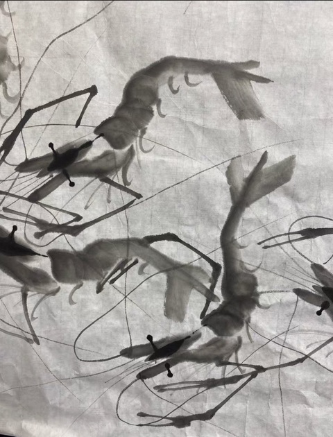 古玩字畫齊慧娟水墨群蝦圖已經裝裱拍賣，當前價格1000元