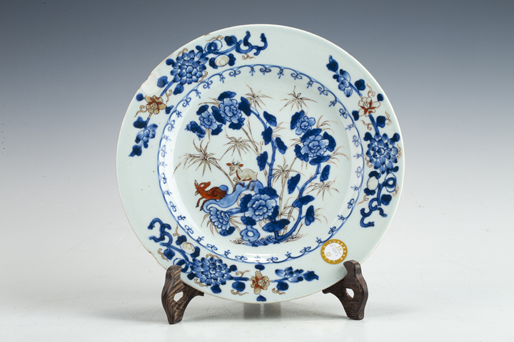 古玩陶瓷清康熙·青花礬紅描金竹石牡丹鹿紋盤真品鑒賞圖