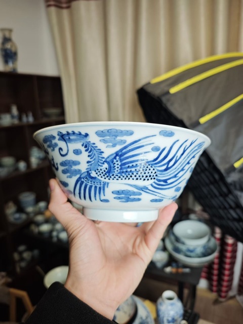 古玩陶瓷光緒青花龍鳳紋撇口碗真品鑒賞圖