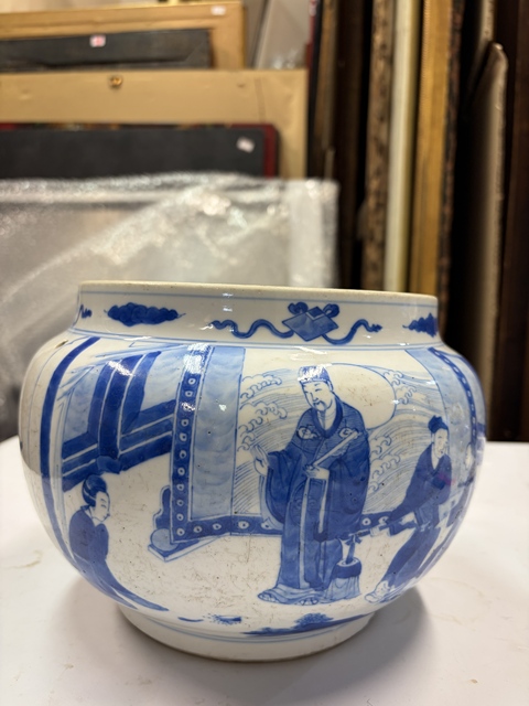 古玩陶瓷人物紋青花四系粥罐真品鑒賞圖