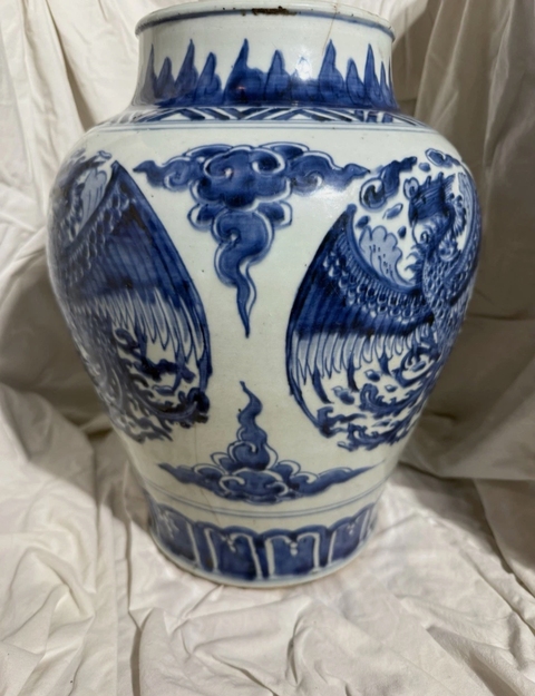 古玩陶瓷團鳳紋青花將軍罐真品鑒賞圖