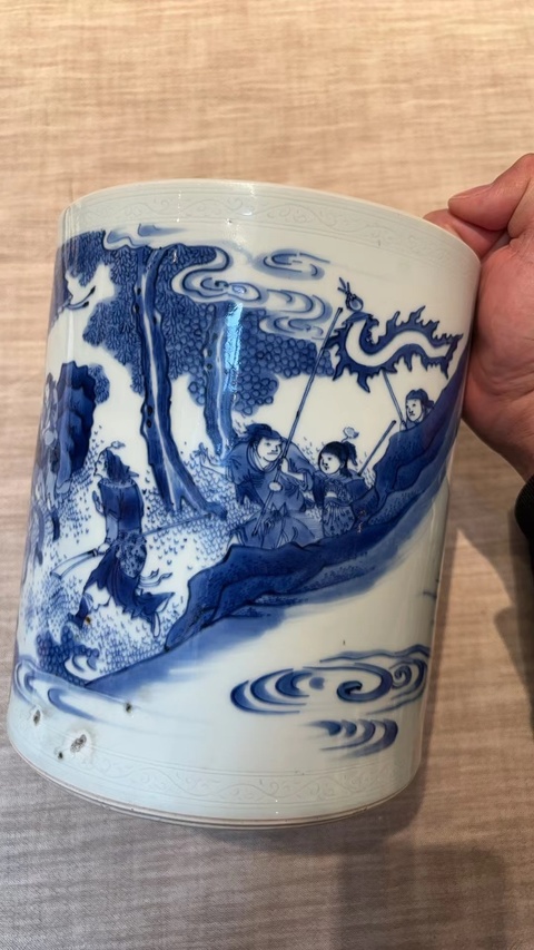 古玩陶瓷青花人物故事紋筆筒真品鑒賞圖