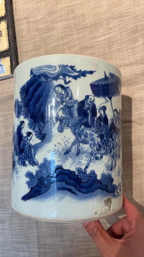 古玩陶瓷青花人物故事紋筆筒真品鑒賞圖