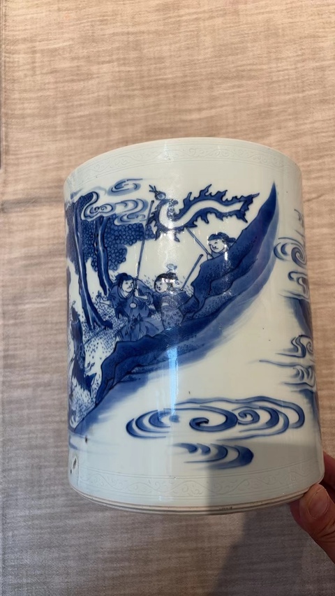 古玩陶瓷青花人物故事紋筆筒真品鑒賞圖