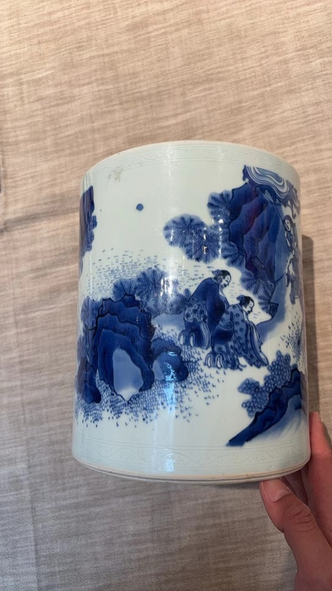 古玩陶瓷青花人物故事紋筆筒真品鑒賞圖