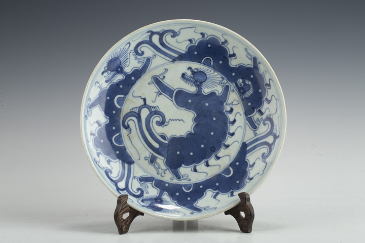 古玩陶瓷清中早·青花夔龍紋盤拍賣，當前價格1530元