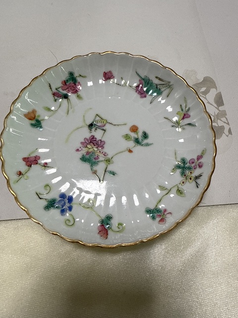 古玩陶瓷粉彩蟲草紋花口盤真品鑒賞圖