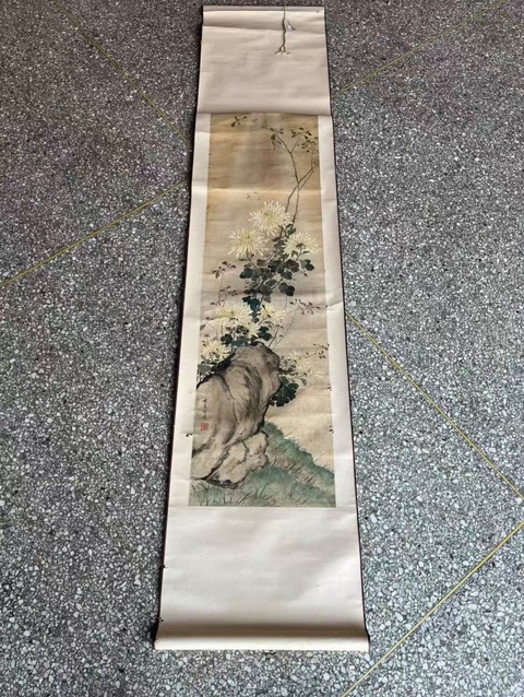 古玩字畫(huà)古泉款小寫(xiě)意菊石圖真品鑒賞圖