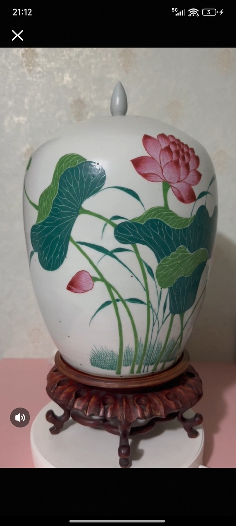 古玩陶瓷民國早期戴裕成粉彩荷花紋冬瓜罐拍賣，當前價格3999元