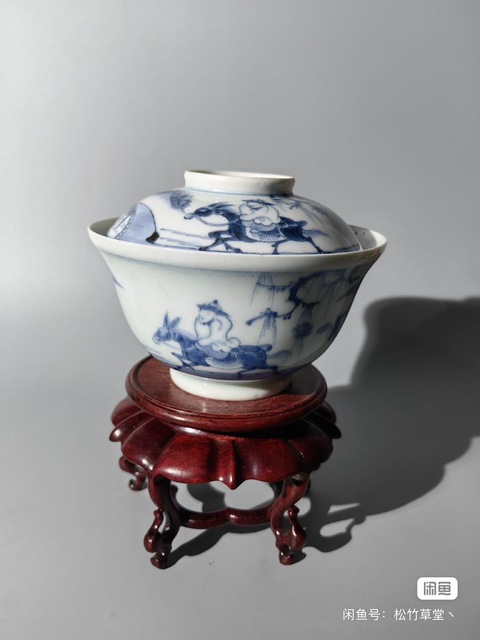 古玩陶瓷青花進京趕考紋蓋碗真品鑒賞圖