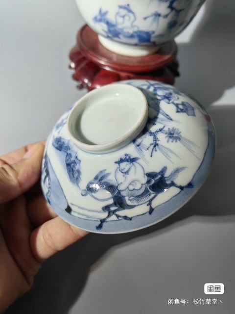 古玩陶瓷青花進京趕考紋蓋碗真品鑒賞圖