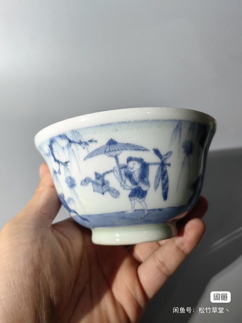 古玩陶瓷青花進京趕考紋蓋碗真品鑒賞圖