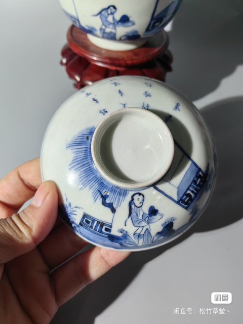古玩陶瓷青花人物蓋碗真品鑒賞圖