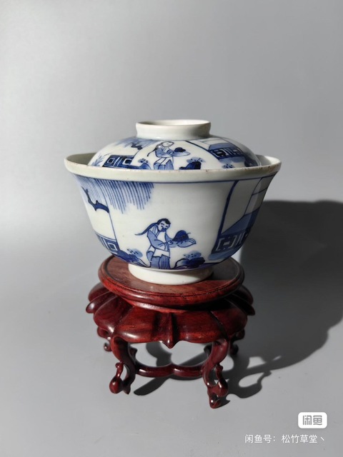 古玩陶瓷青花人物蓋碗真品鑒賞圖