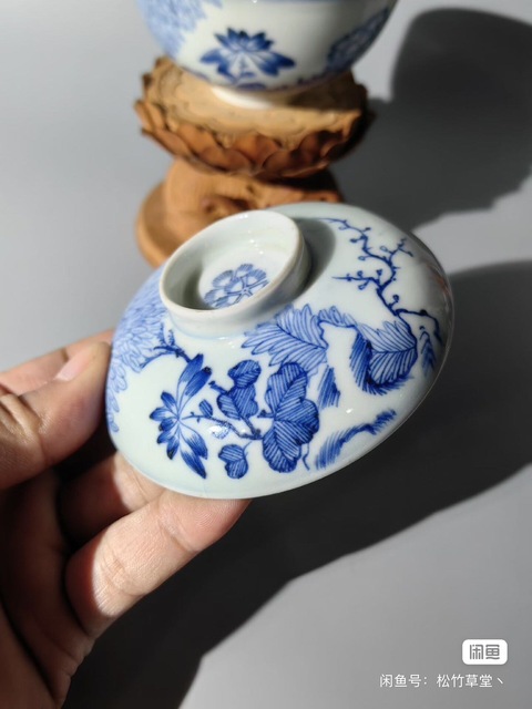古玩陶瓷清中晚 日本江戶晚期至明治青花花蝶紋蓋碗真品鑒賞圖