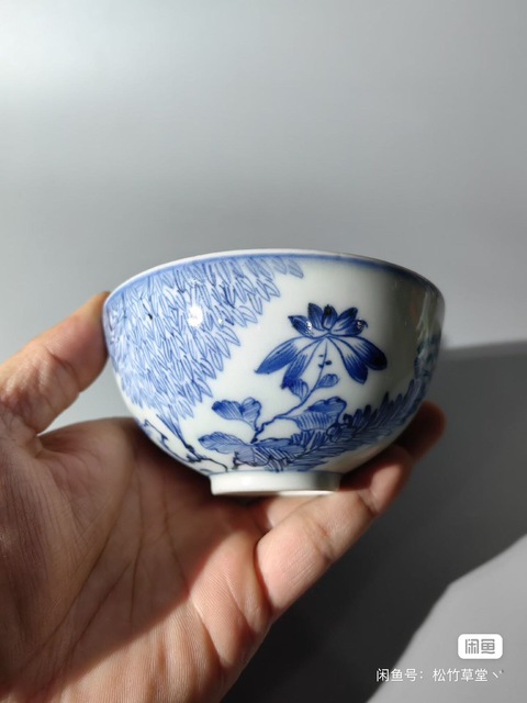 古玩陶瓷清中晚 日本江戶晚期至明治青花花蝶紋蓋碗真品鑒賞圖