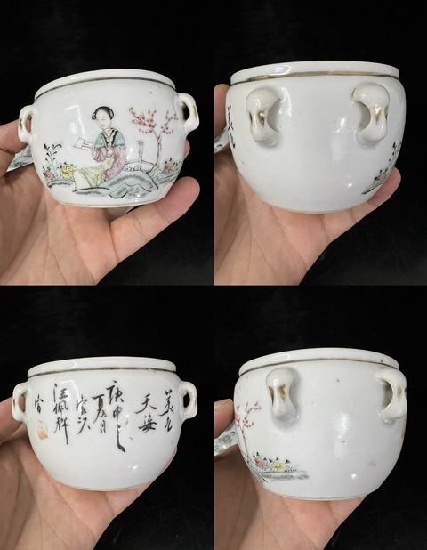 古玩陶瓷粉彩仕女人物粥罐真品鑒賞圖