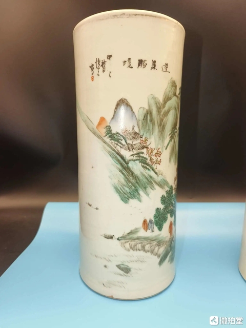 古玩陶瓷民國(guó)山水水人物帽筒真品鑒賞圖