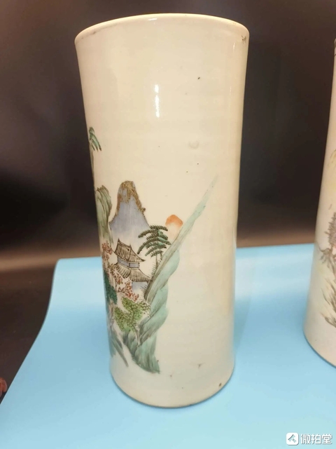 古玩陶瓷民國(guó)山水水人物帽筒真品鑒賞圖