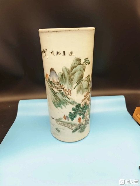 古玩陶瓷民國(guó)山水水人物帽筒真品鑒賞圖