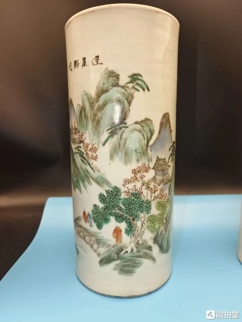 古玩陶瓷民國(guó)山水水人物帽筒真品鑒賞圖