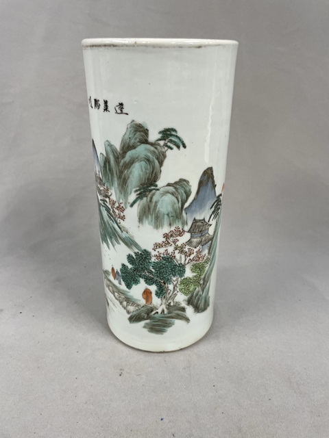 古玩陶瓷民國(guó)山水水人物帽筒真品鑒賞圖