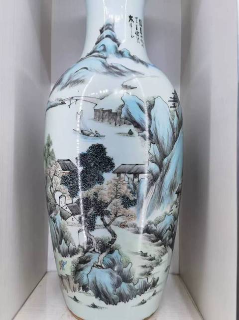 古玩陶瓷山水紋撇口瓶真品鑒賞圖