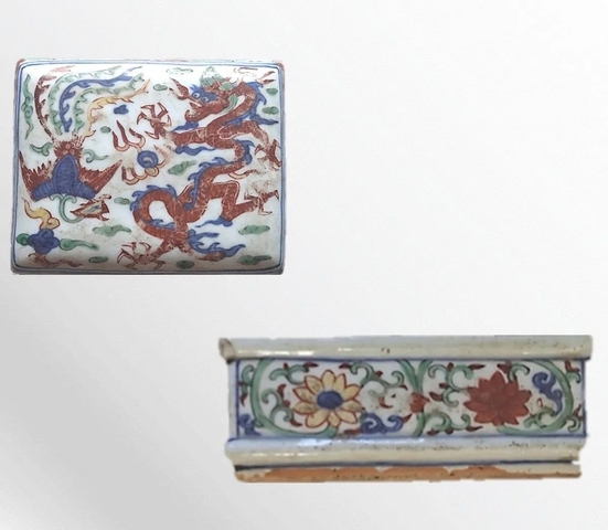 古玩陶瓷青花五彩四方龍鳳紋蓋盒真品鑒賞圖