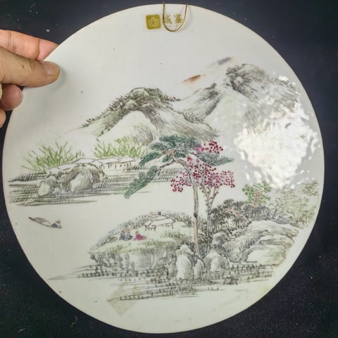 古玩陶瓷淺絳山水紋瓷板真品鑒賞圖