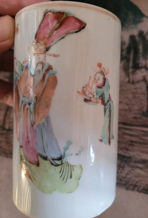 古玩陶瓷清同治?“官窯內造”款粉彩加官進爵筆筒拍賣，當前價格2300元