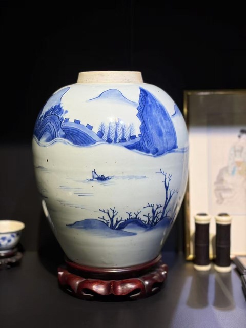 古玩陶瓷青花山水紋罐真品鑒賞圖