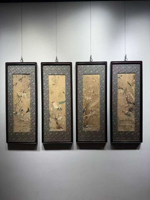 古玩雜項粵繡花鳥四條屏真品鑒賞圖