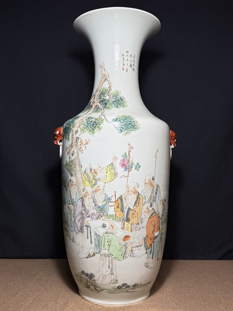 古玩陶瓷清晚期 王義順繪人物紋雙耳瓶真品鑒賞圖