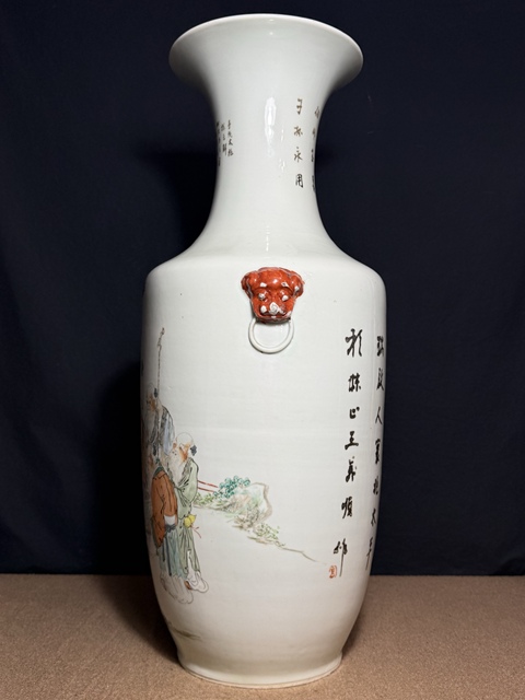 古玩陶瓷清晚期 王義順繪人物紋雙耳瓶真品鑒賞圖