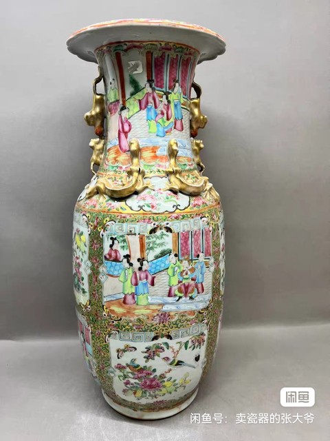 古玩陶瓷廣彩人物故事紋花口瓶真品鑒賞圖