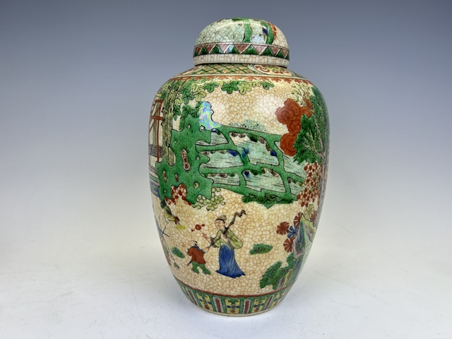 古玩陶瓷晚清·哥釉五彩耕織圖西瓜罐拍賣，當前價格0元