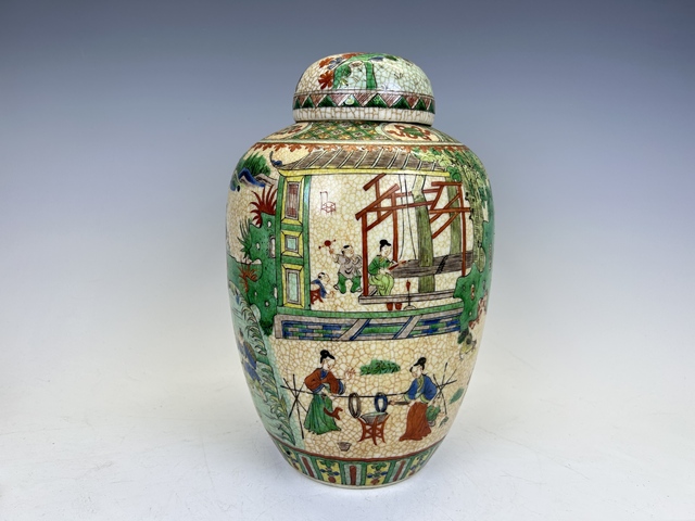 古玩陶瓷晚清·哥釉五彩耕織圖西瓜罐拍賣，當前價格0元