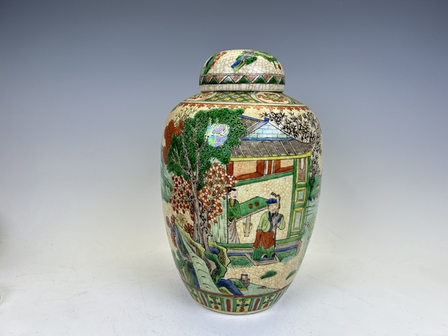 古玩陶瓷晚清·哥釉五彩耕織圖西瓜罐拍賣，當前價格0元