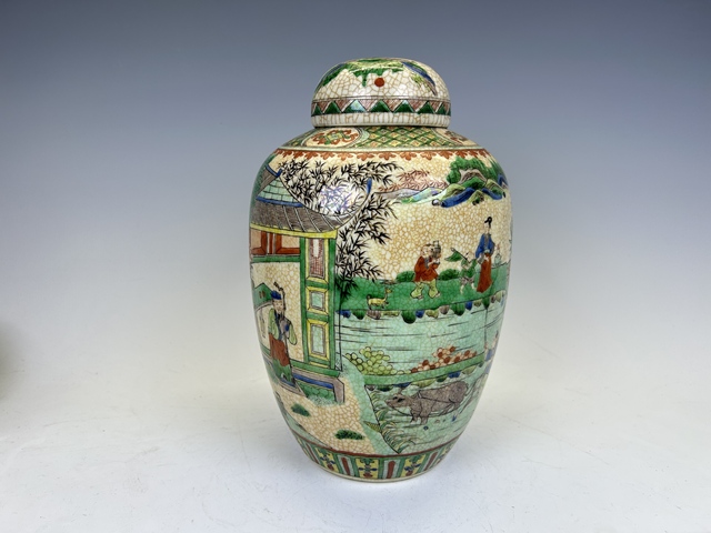 古玩陶瓷晚清·哥釉五彩耕織圖西瓜罐拍賣，當前價格0元