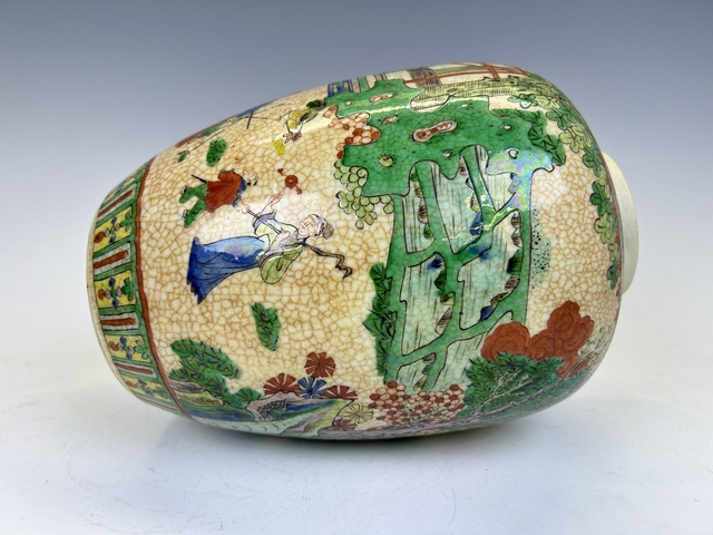 古玩陶瓷晚清·哥釉五彩耕織圖西瓜罐拍賣，當前價格0元