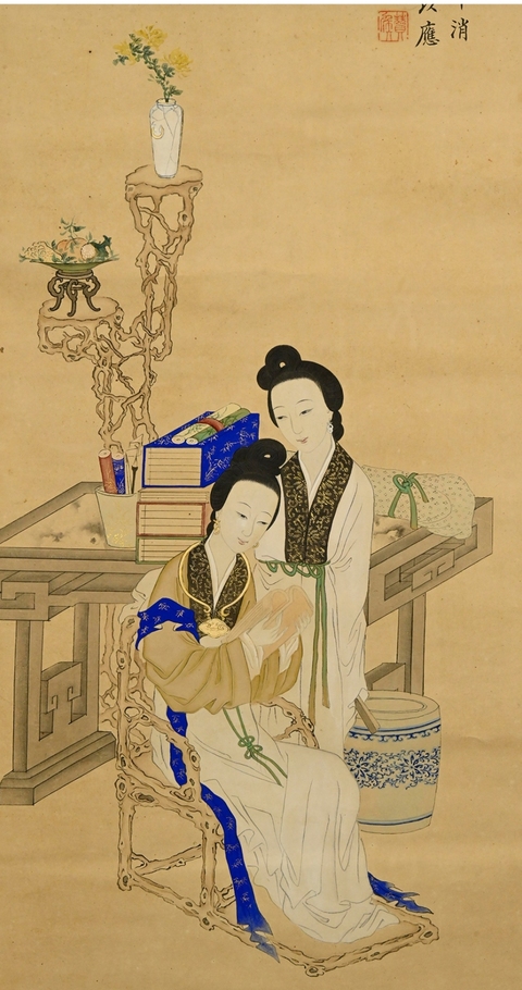 古玩字畫臺灣吳滄洲工筆仕女、鄭鴻猷題跋真品鑒賞圖