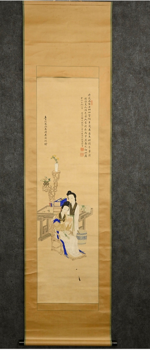 古玩字畫臺灣吳滄洲工筆仕女、鄭鴻猷題跋真品鑒賞圖