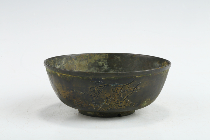 古玩銅器清末民初·銅刻梅花詩文碗真品鑒賞圖