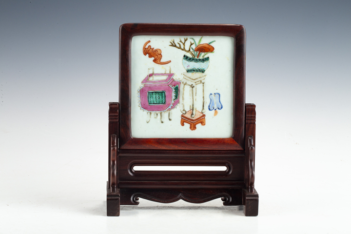 古玩陶瓷清中晚·粉彩博古紋硯屏拍賣，當(dāng)前價格128元