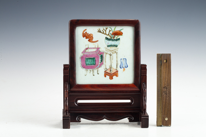 古玩陶瓷清中晚·粉彩博古紋硯屏拍賣，當(dāng)前價格128元