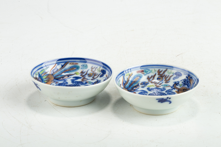 古玩陶瓷清晚·青花加彩龍鳳紋筆舔一對拍賣，當前價格388元