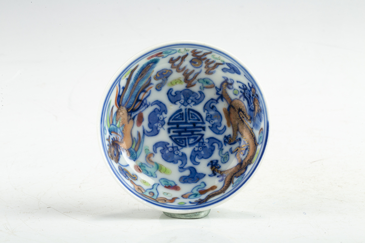 古玩陶瓷清晚·青花加彩龍鳳紋筆舔一對拍賣，當前價格388元