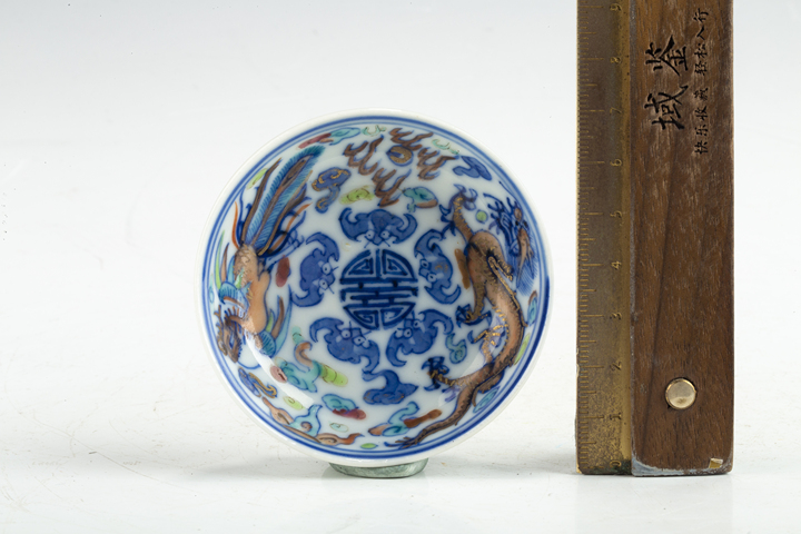 古玩陶瓷清晚·青花加彩龍鳳紋筆舔一對拍賣，當前價格388元